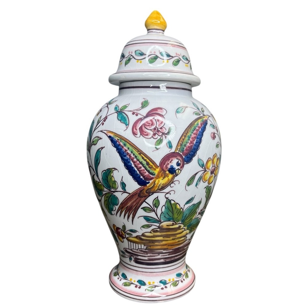Majolica Apothecary‎ Jar Parrot Hand painted Floral Portugal Lidded Bird Urn